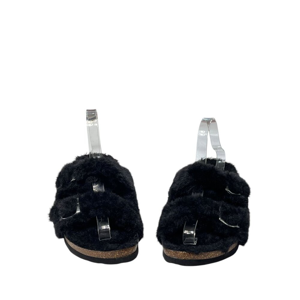 Black Faux Fur Double-Buckle Slide Sandals With Cork Sole - Womens Size 40 EU  9 - Picture 7 of 11